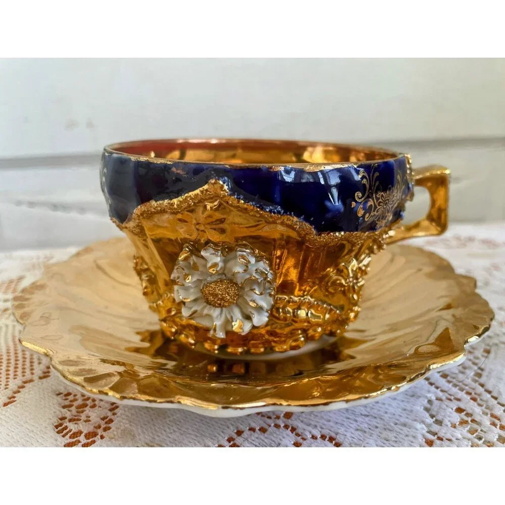 Antique German Porcelain Teacup Saucer Heavy Gold Cobalt Blue 3D Flower - Picture 1 of 16